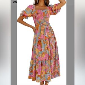 Boho floral print square neck ruffle swing beaching maxi dress